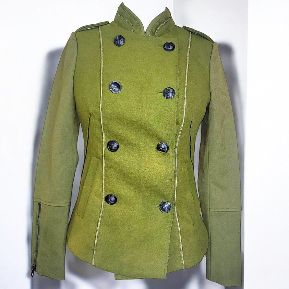 Army green double-breasted tapered military blazer suit jacket